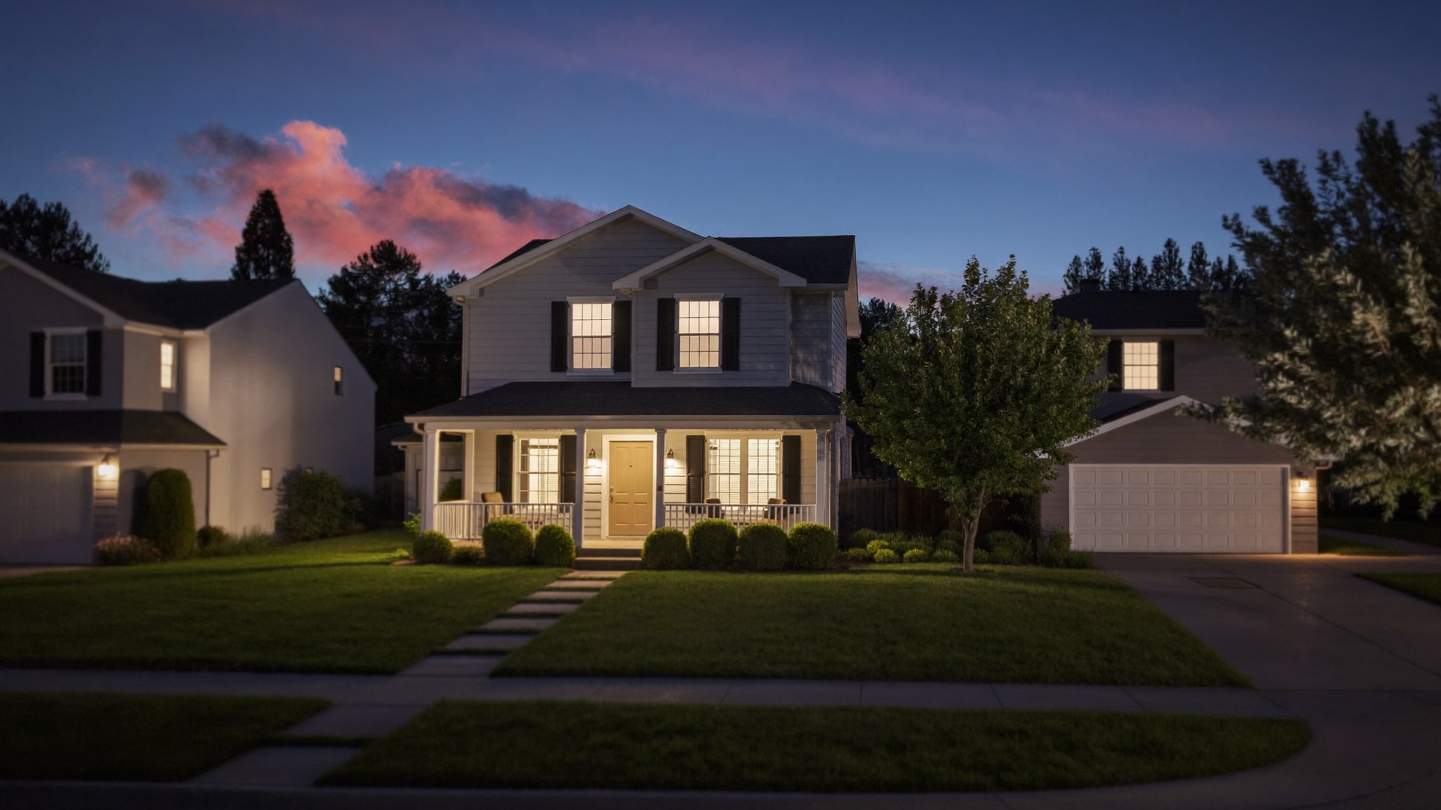 A suburban street of family homes at dusk with porch lights on
